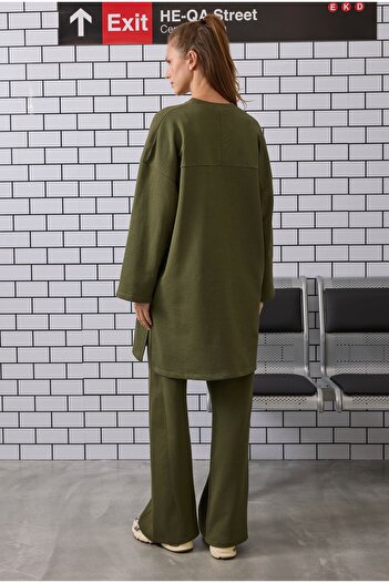 HEQA Uzun Rahat Kesim Sweatshirt Yosun Yeşili