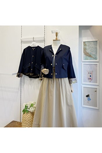 Faya Boutique Lined Patterned Navy Blue Jacket