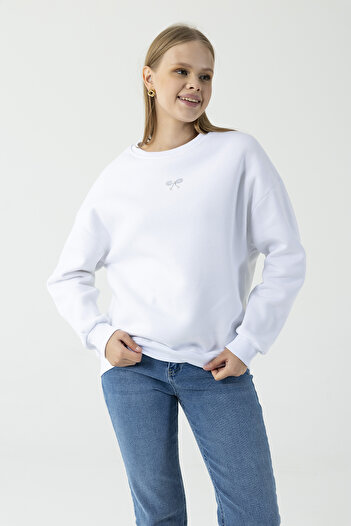 GİYSA Women's Crew Neck Bow Detail 3-Thread Sweatshirt White - 264420