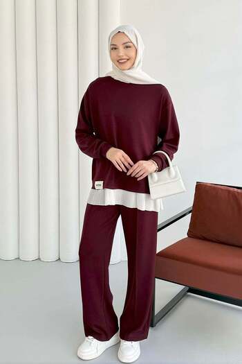 Hatun Atila Six-Pleated Tunic and Trouser Suit 3012 - Burgundy