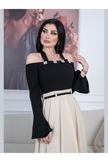 TREN Stone Detailed Off-Shoulder Midi Dress Belted Two-Tone Formal Evening Cocktail Party Outfit