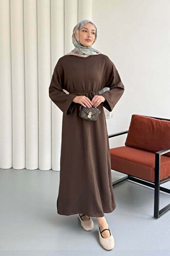 Hatun Atila Crew Neck Waist Tied Long Tunic Dress 8904 - Brown