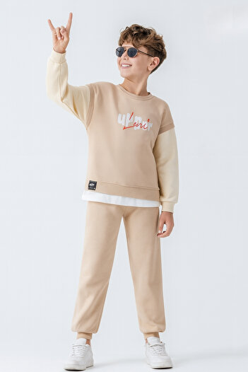 AHENGİM Boy's Upper Printed 3 Thread Thick Winter Tracksuit Set Ak4231