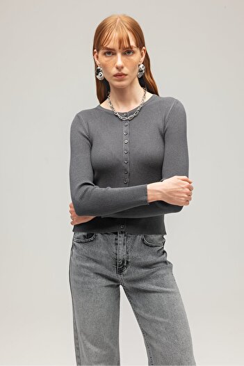 Saade Anthracite Women's Buttoned Crew Neck Long Sleeve Ribbed Knit Cardigan