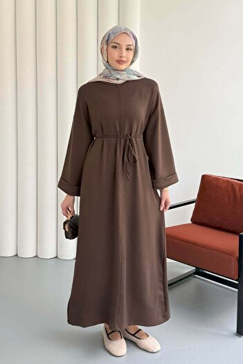Hatun Atila Crew Neck Waist Tied Long Tunic Dress 8904 - Brown