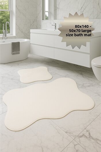 Bestekar Lina Cream 80X140 - 50X70 Waterproof Leather Based Soft Surface Stain Resistant Bathroom Mat Set