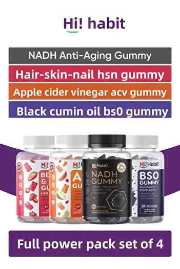 Hi Habit Nadh Coenzyme Q10 - Acv Apple Cider Vinegar - Hsn Skin, Nail Hair - Bso Black Seed Oil Gummy Supplement Set