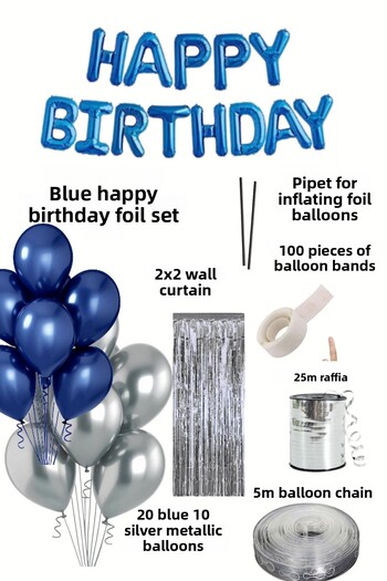 Baloncu Nene Blue Happy Birthday Foil Set Blue Silver Balloon Party Birthday Decoration Set