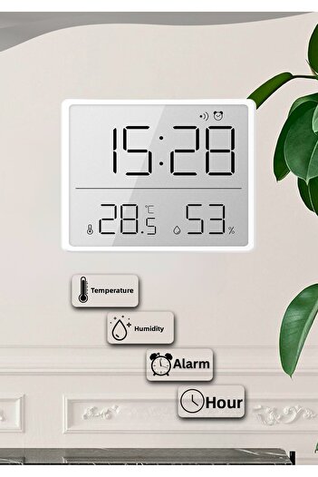 edewatt Digital Wall Clock Thermometer Temperature and Humidity Meter Table Clock Alarm Lcd Display Plug into Wall White