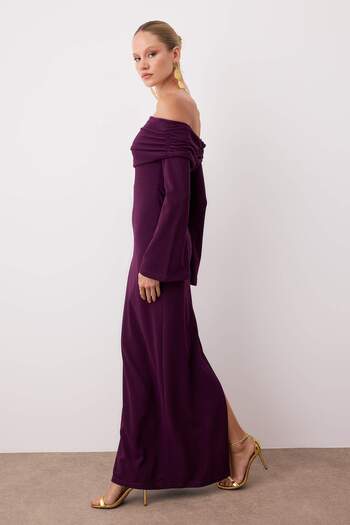 Trendyol Collection Burgundy Plain Bodycon Knitted Scuba Crepe Maxi Evening Dress & Graduation Gown