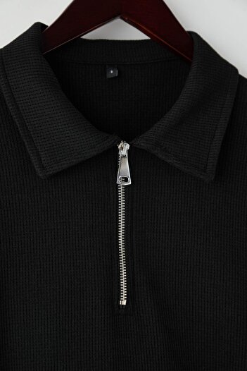 Trendyol Collection Black Oversize/Wide Cut Textured Long Sleeve Polo Neck T-Shirt Tmnaw26Po00000