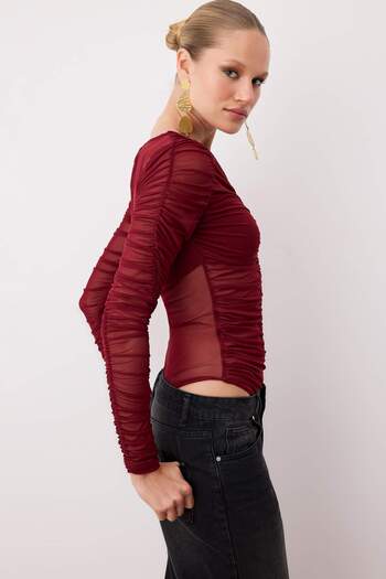 Trendyol Collection Dark Burgundy Lined Drawstring Detailed Knitted Snap-Tuck Tulle Bodysuit Tpraw26Bd00013