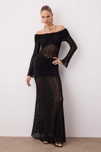 Trendyol Collection Black Fish Form Carmen Neckline Lace Knitted Stylish Maxi Evening Dress Night Graduation Dress Tpraw26Ae00016