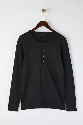 Trendyol Collection Black Regular/Normal Cut Button Collar Ribbed T-Shirt Tmnaw26Ts00000