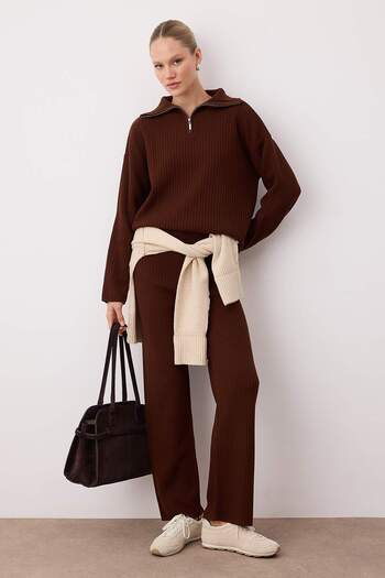 Trendyol Collection Brown Basic Zippered Sweater-Pants Knitwear Bottom - Top Set Twoaw26Au00020