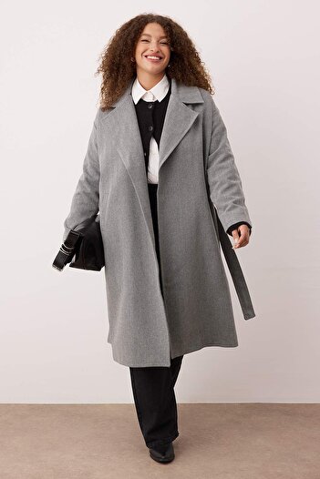 Trendyol Curve Black Gray Herringbone Double Breasted Long Oversize Plus Size Cashmere Coat Twoaw26Dd00007