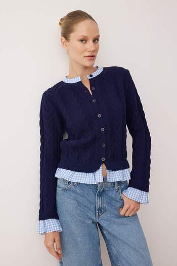 Trendyol Collection Navy Blue Plaid Garni Collar Detailed Knitwear Cardigan Twoaw26Hi00259