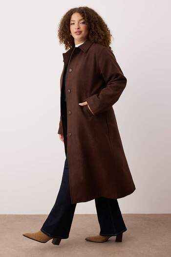 Trendyol Curve Brown Mono Closure Long Oversize Large Size Cashmere Coat Twoaw26Dd00012