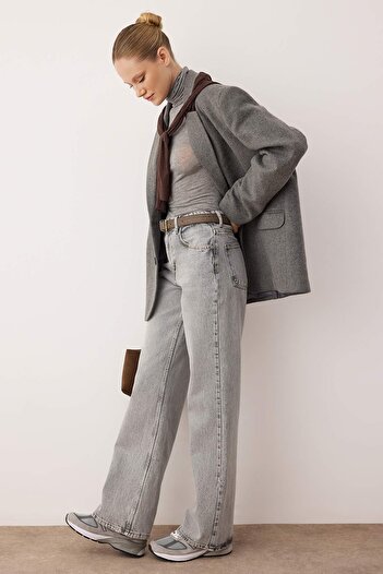 Trendyol Collection Gray High Waist Wide Leg Jeans Twoss25Je00172