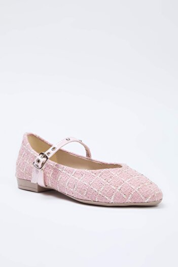TRENDYOL SHOES Rosa Tweed Mary Jane Vogelaugenriemen Spitzenschuh Damen Ballerinas TAKAW26BE00004