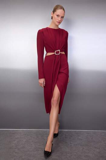 Trendyol Collection Burgundy Cut-Out and Accessory Detailed Wrap Skirt Midi Woven Dress Twoaw26El00179