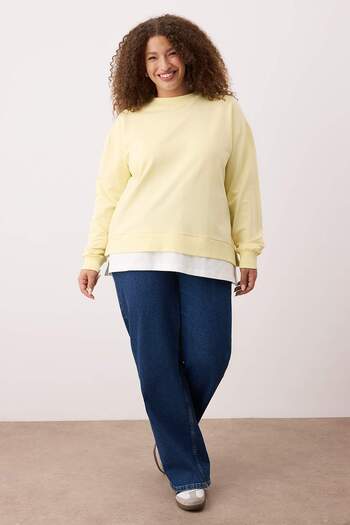 Trendyol Curve Yellow Bottom T-Shirt Removal Look Thin Knitted Plus Size Sweatshirt Tbbaw23Ao00023