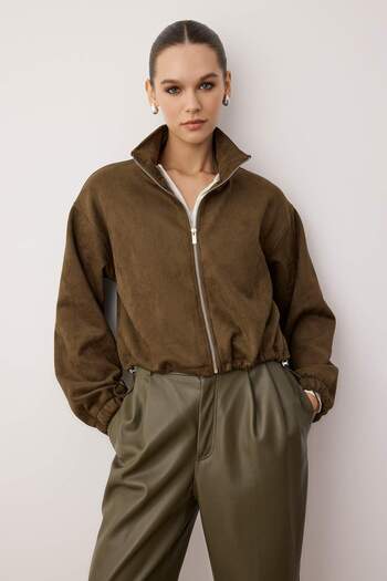 Trendyol Collection Khaki Straight Zipper Unlined Regular/Normal Fit Knitted Suede Jacket Twoaw26Ce00011