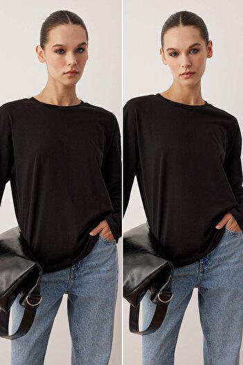 Trendyol Collection Black-Black 2-Pack 100% Single Jersey Oversize/Loose Cut Knitted T-Shirt Twoaw25Ts00004