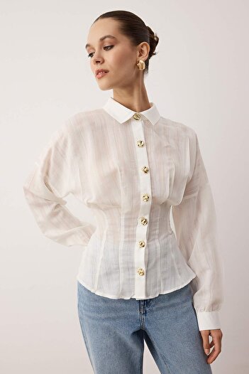 Trendyol Collection White Gold Button Detailed Lightweight Transparent Fitted Shirt Twoaw26Go00104