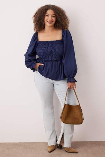 Trendyol Curve Navy Blue Square Collar Gathered Sleeve Gipeli Woven Plus Size Blouse Tbbss23Af00035