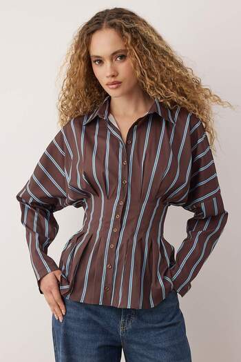 Trendyol Collection Brown-Multicolored Striped Lycra Fitted Waist Shirt Twoaw26Go00113