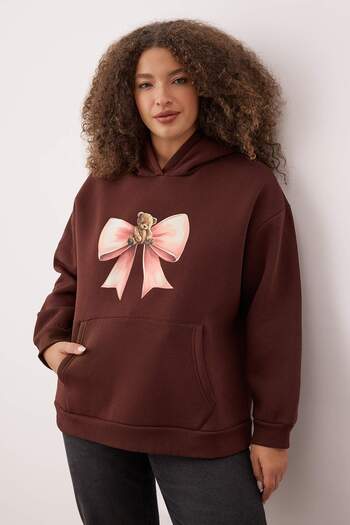 Trendyol Curve Brown Bowknot Teddy Bear Knitted Plus Size Sweatshirt with Fleece/Lace Inside Tbbaw26Ao00013