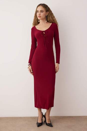 Trendyol Collection Burgundy Body Fitting Breast Tie Detail Knitted Long Stylish Evening Dress Tpraw25El00064