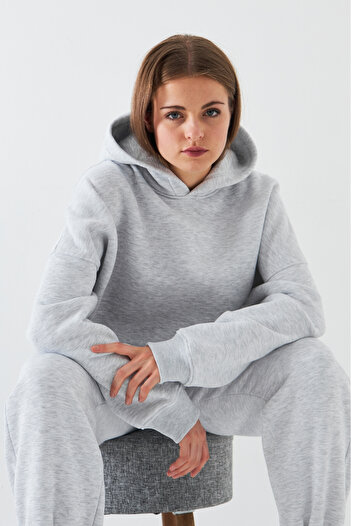 Gia Collection Oversize Unisex Sweatshirt Hoodie Gray Melange – Hooded, 3-Thread Fleece, Kangaroo Pocket, Basic