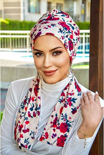 Aişe tesettür Ecru Claret Red Floral Patterned Scarf Bonnet