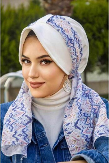 Aişe tesettür White Blue Patterned Scarf Hat Bonnet