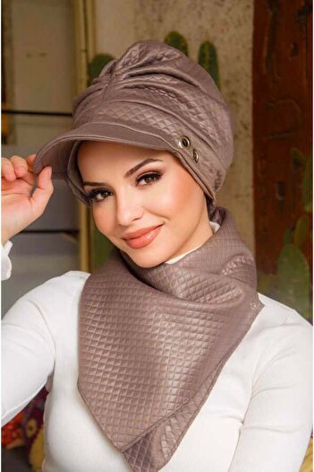 Aişe tesettür Mink Metal Detailed Gathered Hijab Hat and Etol Set