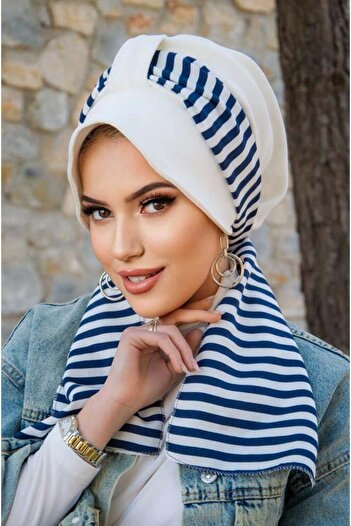 Aişe tesettür Navy Blue White Pattern Scarf Hat Bonnet