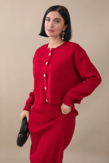 InStyle Cardigan Ribbed Double Red Knitwear Set