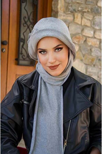 Aişe tesettür Gri Aksesuarlı Atkılı Vintage Şapka