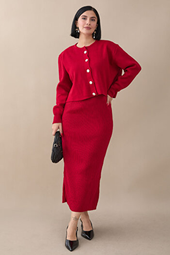 InStyle Cardigan Ribbed Double Red Knitwear Set