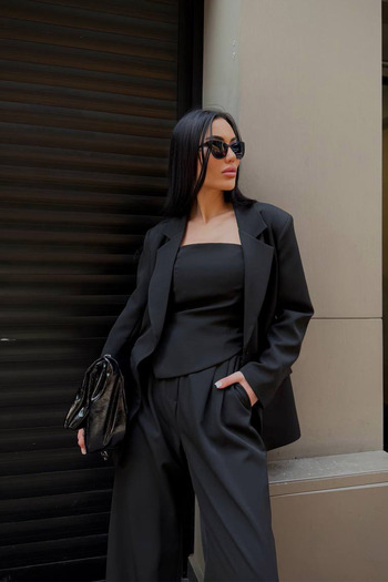 Ortaya Çık Black Blazer Jacket Blouse Palazzo Pants 3 Piece Suit