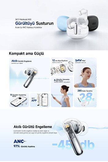 QCY Melobuds N50 Anc Ht12 6 Mikrofonlu Bluetooth 5.4 Kulaklık Beyaz