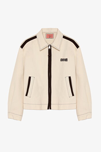 Quzu Embroidered and Piping Detailed Zippered Jacket Beige