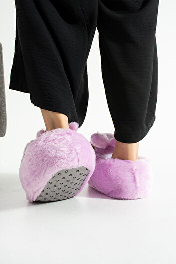 Moda Devrin Lila Hayvanlı Sessiz Taban Panduf Sevimli Tavşan Figürlü Peluş Ev Ayakkabısı