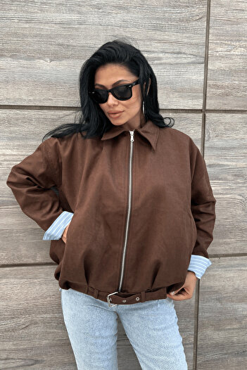 giyimmasalı Woven Suede Fabric Bomber Jacket - Dark Brown