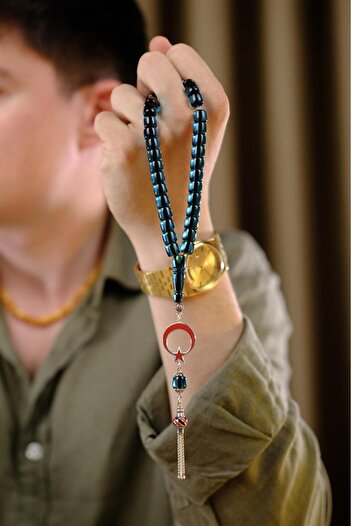 dergah tesbih Ayyıldız Design Çeşm-I Bulbul Motif Blue Fire-I Amber Prayer Beads