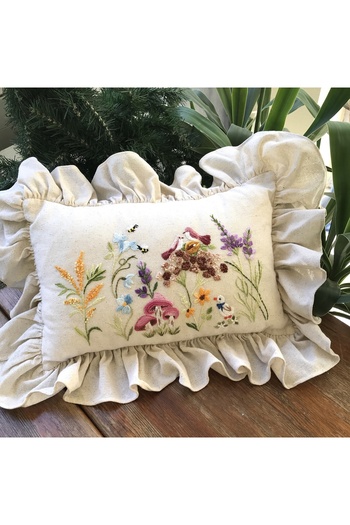Home Fairy Tale Themed Pillow. 60X45 cm Wildflower Embroidered Hand Embroidered Linen Fabric with Inner Filling