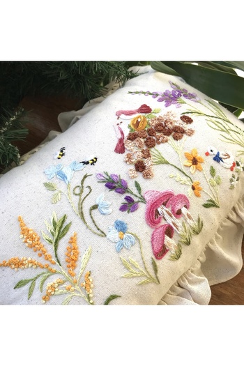 Home Fairy Tale Themed Pillow. 60X45 cm Wildflower Embroidered Hand Embroidered Linen Fabric with Inner Filling