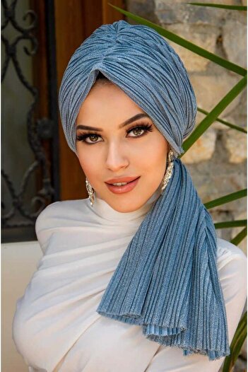 Aişe tesettür Baby Blue Sparkling Pleated Buckle Bonnet